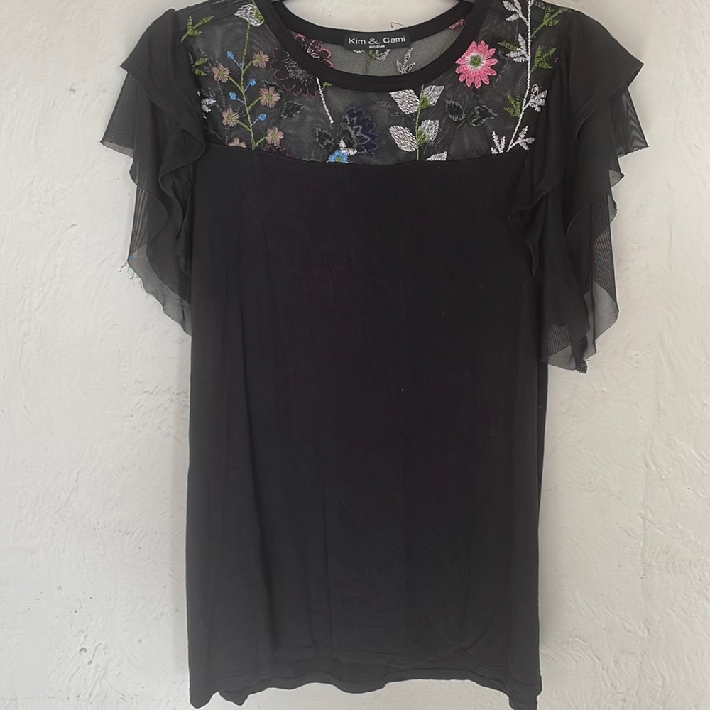 black tee with floral embroidery